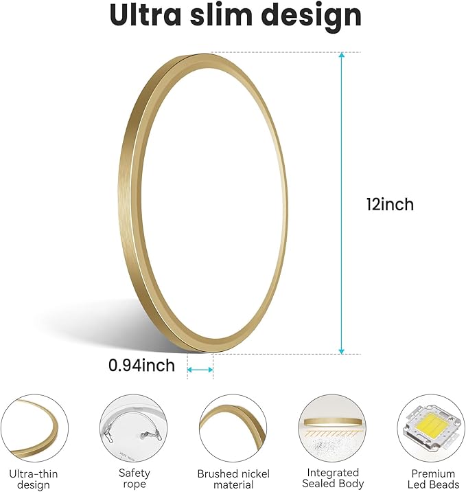 libtit 12 Inch LED Ceiling Light Golden, 28W 3200lm Aureate Flush Mount Ceiling Light, 3 Color Temperature 3000K/4500K/6000K, Gilded Round Flat Light Fixture for Kitchen Bathroom Shower, 2Pack