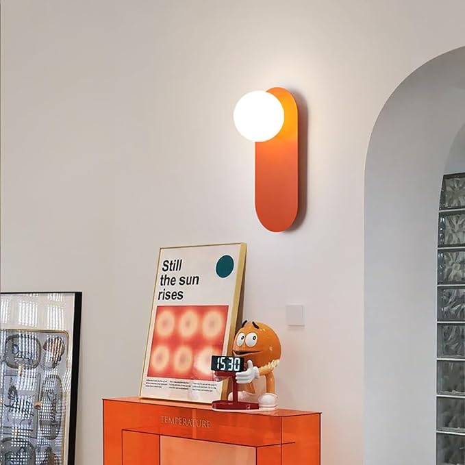 Glass Corridor Wall Mounted Lamp,Globe Light Fixture with Orange Background,Nordic Style Wall Sconce for Bedroom Kitchen and Hallway