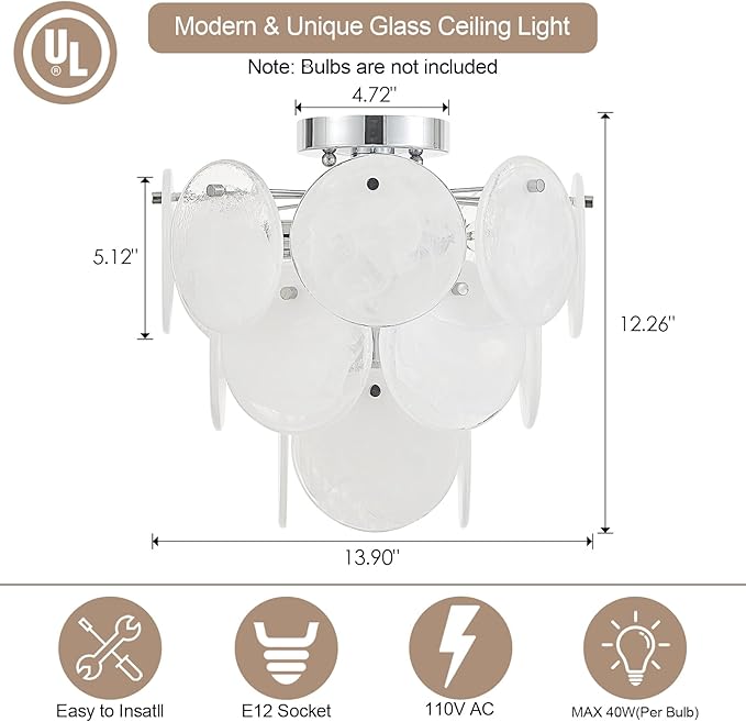 Modern Flush Mount Glass Ceiling Light Chrome Finish, Hallway Lights Vintage Chandelier, 4-Light Unique Light Fixture for Bedroom Entryway Kitchen