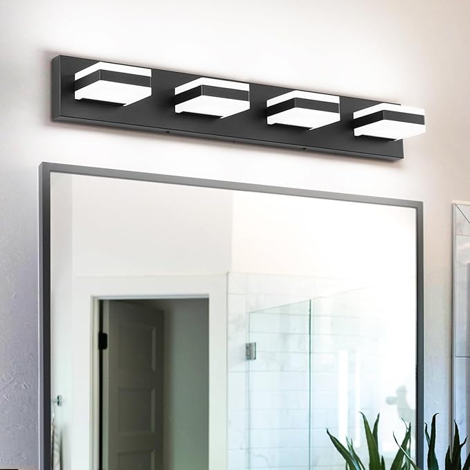 SOLFART Bathroom Light Fixtures, 4 Lights Modern LED Vanity Lights Over Mirror, Matt Black Bathroom Lights Cool Light 6000K