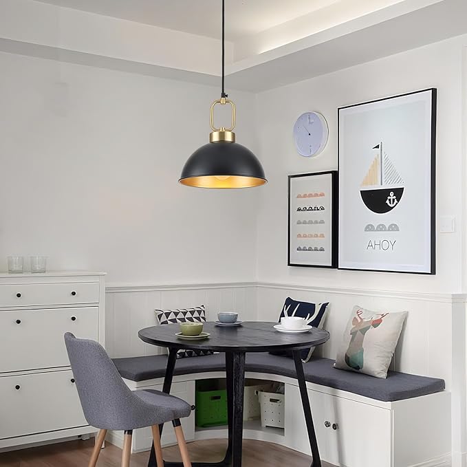 Black Pendant Lights Kitchen Island, 10.2 Inch Dome Black and Gold Pendant Lights, Vintage Metal Industrial modern Farmhouse Pendant Light Fixture Hanging Lights for Dining Room, Cafe, Bar, 2 Pack
