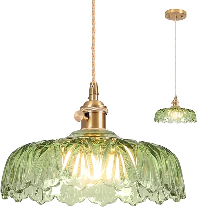 Pendant Lights Kitchen Island,Green Glass Pendant Light Vintage Light Fixtures,9.4inch E26 Finish Ceiling Hanging Lamp for Bedroom Living Room Hallway