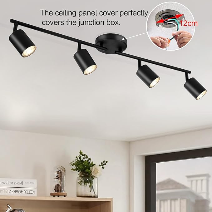 Plug in Track Lighting Kit, 80cm LED 4 Light Kitchen Track Lighting, Corded Wall Light with 16.4ft Cord, 4 Way Ceiling Spot Lighting Flexibly Rotatable Head Includes 4 x GU10 Bulb (4-Black-80cm)