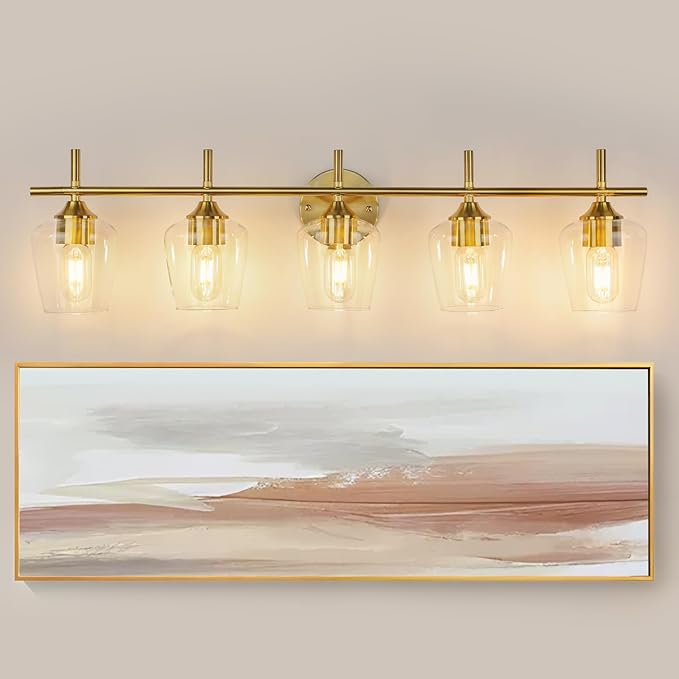 Bathroom Light Fixtures 5-Light Brushed Nickel Vanity Light with Clear Glass Shade, Modern Wall Lights for Bedroom Hallway Living Room (Gold, 5-Light)