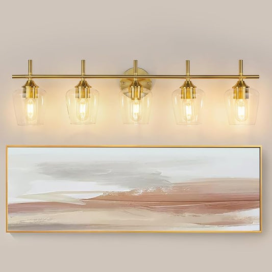 Bathroom Light Fixtures 5-Light Brushed Nickel Vanity Light with Clear Glass Shade, Modern Wall Lights for Bedroom Hallway Living Room (Gold, 5-Light)