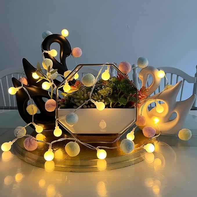 ChiRee Indoor String Lights 6.56 Feet Pom Poms Fairy 20 LED Battery Operated Ball Warm White Globe Colorful Decor for Home Bedroom Kids Playhouse Holiday Christmas