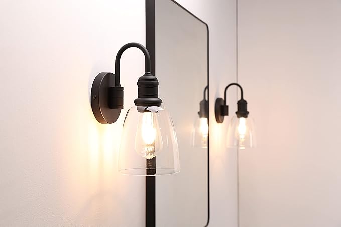 1-Light Vintage Gooseneck Wall Sconce Lamp with Cloche Clear Glass Shade, Industrial Indoor Wall Light Fixture for Bathroom Living Room Bedroom Over Kitchen Sink