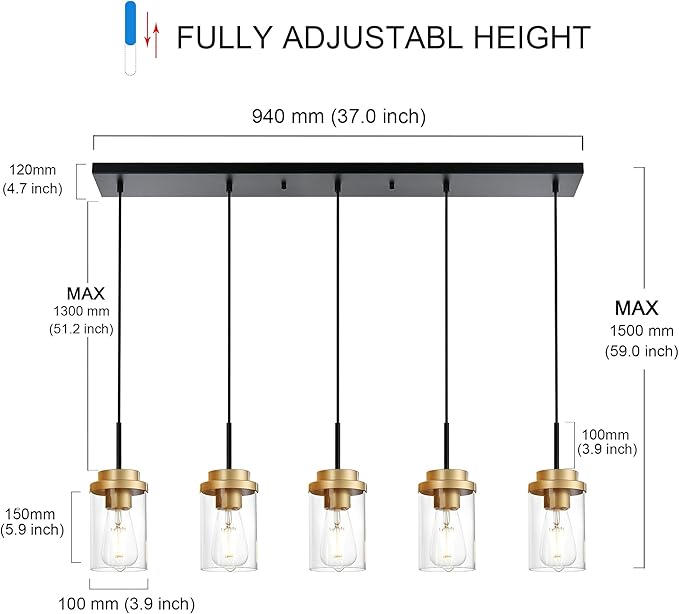 MELUCEE 5-Lights Adjustable Hanging Pendant Light Fixtures 37 Inches in Black, Modern Kitchen Island Lighting Linear Chandelier for Dining Room Over Table with Clear Glass Shade, Gold Socket