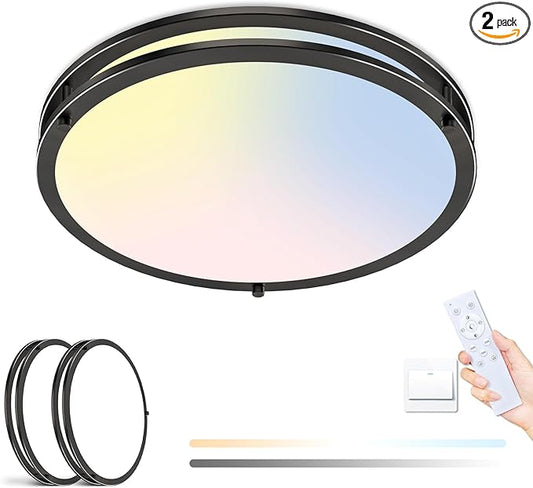 libtit 2Pack 16Inch Flush Mount Ceiling Lights with Remote, 36W Dimmable LED Ceiling Light 3000K-6500K Adjustable, Large & Bright Black Light Fixture for Kitchen Bedroom LivingRoom