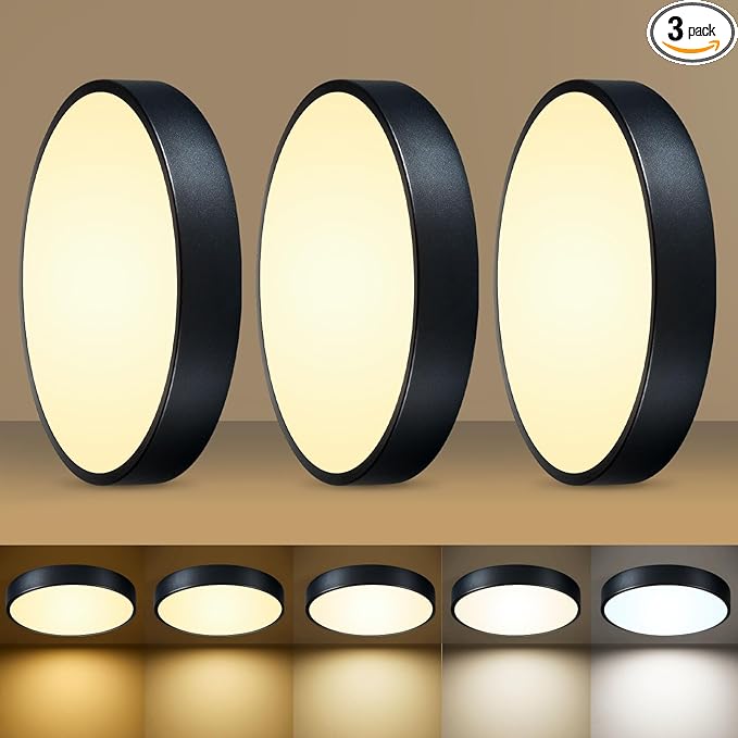 LED 12 inch Round Flush Mount Ceiling Light Black Dimmable 24W 5CCT Metal Black Ceiling lamp and is Ideal for hallways Kitchens bedrooms corridors Children's Rooms 3 Pack