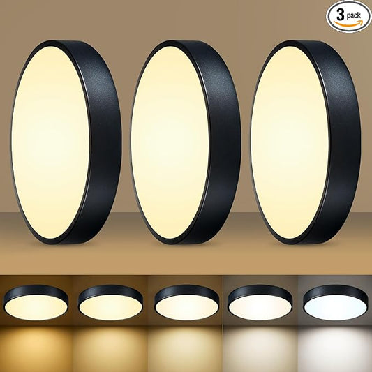 LED 12 inch Round Flush Mount Ceiling Light Black Dimmable 24W 5CCT Metal Black Ceiling lamp and is Ideal for hallways Kitchens bedrooms corridors Children's Rooms 3 Pack