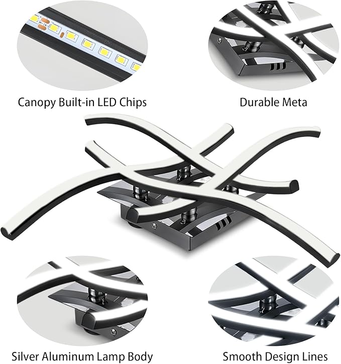 27.5Inch Modern LED Ceiling Light Fixture, 24W Curved Wave Ceiling Lamp for Bedroom, Kitchen, Hallway, Foyer Library Dining Room Black Modern Ceiling Light Fixture