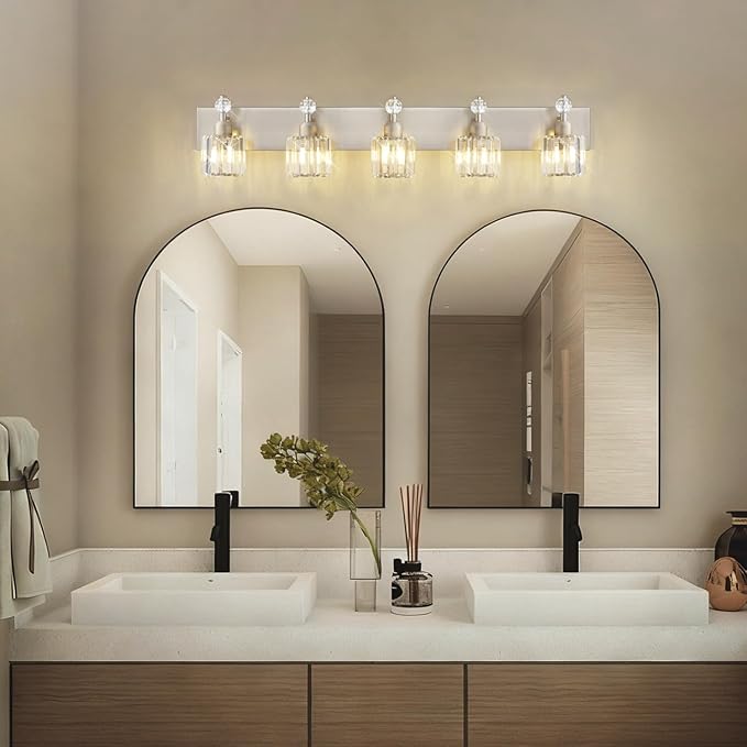 PRESDE Modern Crystal 5-Light Bathroom Light Fixtures Brushed Nickel Vanity Light for Bath Wall Lighting Over Mirror