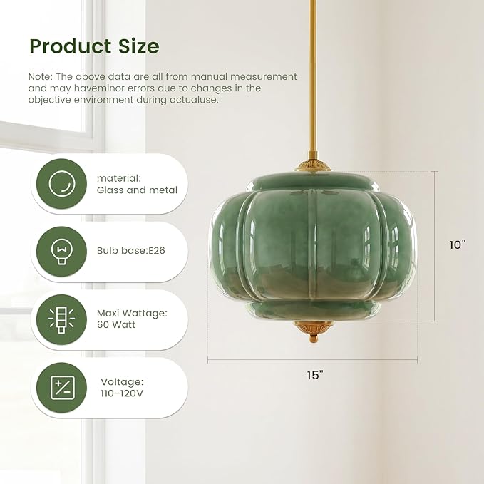 Milk Glass Ceiling Light Fixture - Antique Brass Semi Flush Mount Pendant Light for Kitchen, Hallway, and Bedroom (Green 15 inch)
