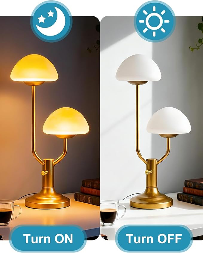 Lightdot Mushroom Table Lamp for Bedroom, Desk Bedside Small Lamps for Living Room Night Stands, Cute Modern Mid Century Lamps Dimmable with 2 LED Bulbs, Unique Aesthetic Home Decor-Gold