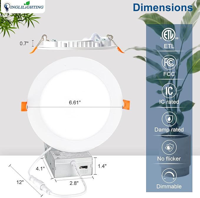 DLLT LED Recessed Ceiling Light: 6 Pack 6 Inch Slim Recessed Lighting for Kitchen - 5CCT Dimmable Canless Wafer Downlight for Living Room - 1200LM Brightness 12W Can Lights for Bedroom ETL FCC