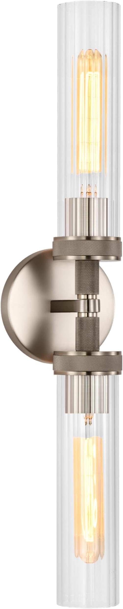 LaLuLa Brushed Nickel Vanity Lights – 2-Light Hardwired Bathroom Light Fixtures with Rippled Glass Shades and Textured Metal Body, Chrome Wall Sconces for Over Mirror or Hallway