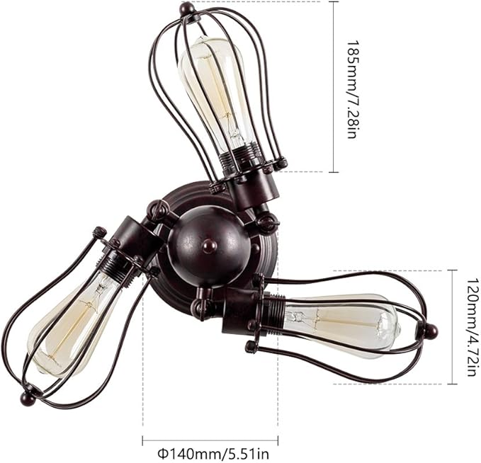 Luling Vintage Ceiling Light Industrial, Chandeliers Adjustable Socket Metal Wire Cage Lamp Semi-Flush Mount Rustic Ceiling Light Metal Lamp Fixtures (No Bulb) (with 3 Light) (Rust Color) (Rust)