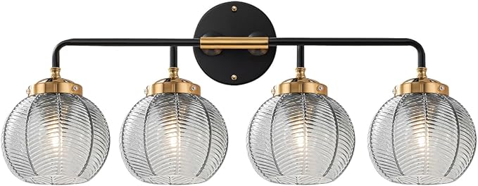 4-Light Bathroom Vanity Light Black Wall Light Sconces with Smoky Gray Glass Shade Mid Century Bathroom Wall Lights Fixtures Modern Vanity Lamp for Over Mirror Living Room Cabinet