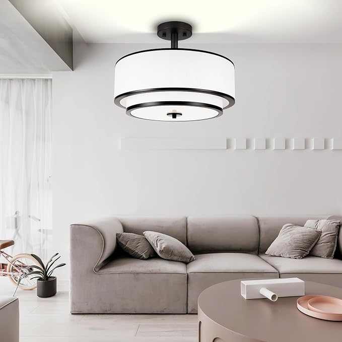 3-Light Semi Flush Mount Ceiling Light, 16" Drum Light with White Fabric Shade, Modern Close to Ceiling Lamp for Living Room Bedroom Dining Kitchen Hallway Entry (Matte Black)