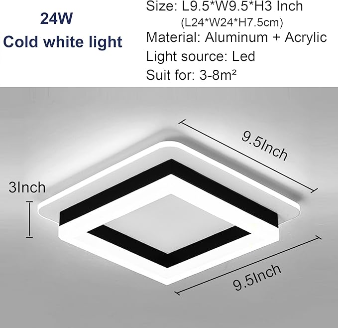 CANEOE 2 Packs Led Ceiling Light Fixture,Modern Hallway Light fixtures Ceiling Lighting,Black Square Close to Ceiling Lights for Bathroom Bedroom Kitchen Balcony Stair