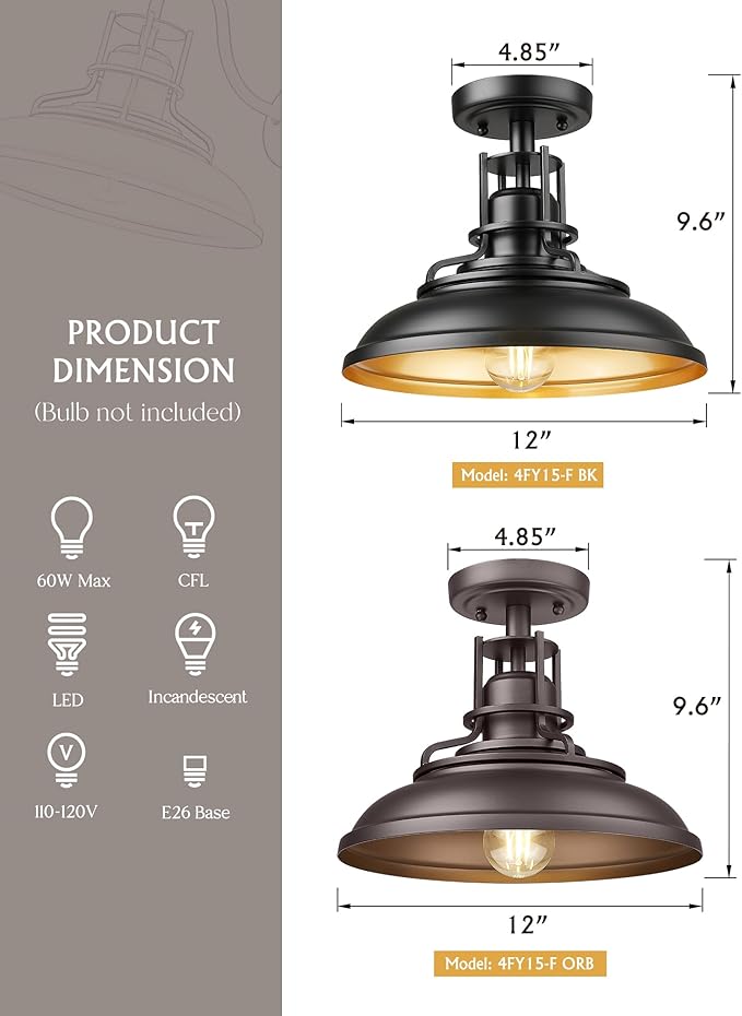 FEMILA Industrial Semi Flush Mount Light Fixture, 12" Farmhouse Ceiling Light Fixture for Porch, Hallway, Kitchen, Bedroom, 2 Pack, Oil Rubbed Bronze, 4FY15-F-2PK ORB
