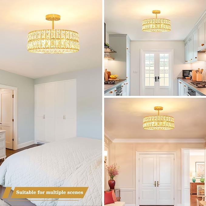 Crystal Ceiling Light Fixture, Modern Brushed Gold Ceiling Light Chandelier, Semi Flush Mount Chandelier Lighting Fixture for Kitchen Entryway Living Room Dining Room, 5-Light, 16 Inch