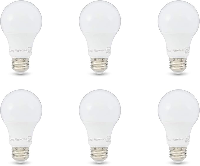 Amazon Basics 60W Equivalent, Daylight White, Non-Dimmable, Energy Efficient, 10,000 Hour Lifetime, A19 LED Light Bulbs, 6-Pack