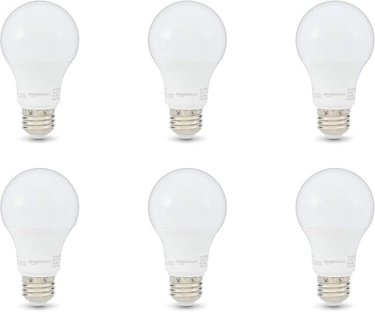 Amazon Basics 60W Equivalent, Daylight White, Non-Dimmable, Energy Efficient, 10,000 Hour Lifetime, A19 LED Light Bulbs, 6-Pack