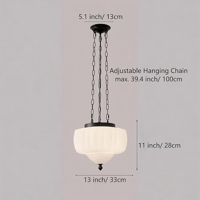 LIGHTLAND Milk Glass Pendant Light, 13 Inch Mid Century Semi Flush Mount Ceiling Light Fixture with 39.4 Inch Adjustable Chain, Vintage Chandelier for Bedroom, Living Room, Dining Room, Hallway