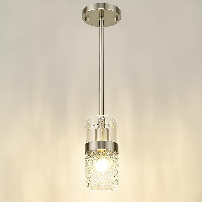 LMS Brushed Nickel Pendant Lights Kitchen Island, 1-Light Modern Glass Pendant Light Fixtures with Hammered Glass, Adjustable Mini Hanging Light for Kitchen Island Sink Bathroom, LMS-199