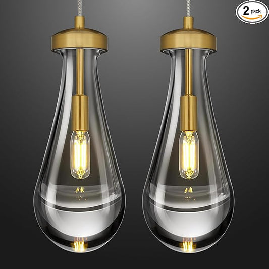 Raindrop Pendant Light Set of 2, Gold 4.7in Clear Glass Teardrop Pendant Lights for Kitchen, Modern Pendant Lights Kitchen Island for Dining Room, Bathroom, Hallway, Adjustable Cord, Bulb Included
