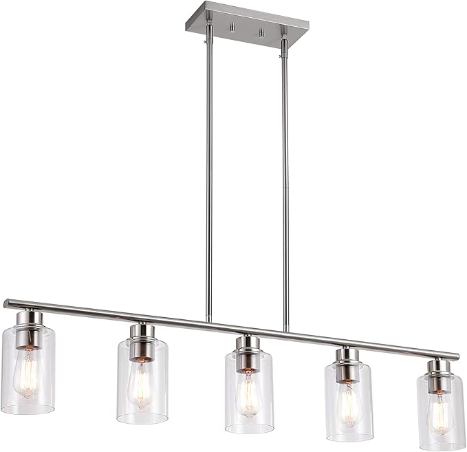 mavcadonf Kitchen Island Light, 5-Light Pendant Lighting, Farmhouse Dining Room Light Fixtures for Kitchen Island Dining Living Room, Brushed Nickel with Clear Glass Shade