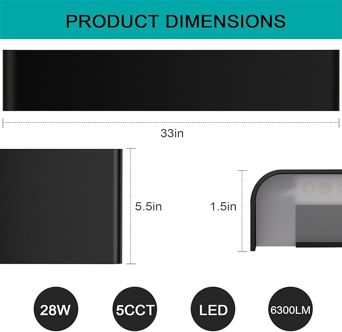 Modern LED Wall Sconce, 32W Dimmable 5CCT (3000K-6500K), Upper and Lower Illuminated Wall Sconce, for Bedroom, Living Room, Hallway, Vanity Lights (33 Inch - Matte Black 1 Piece)