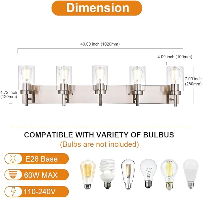 VINLUZ 5 Lights Bathroom Vanity Light Fixture Brushed Nickel Sconces Wall Lighting Modern Industrial Indoor Wall Mounted Lamp for Kitchen Living Room Dining Room (Patent No.: US D958,438 S)