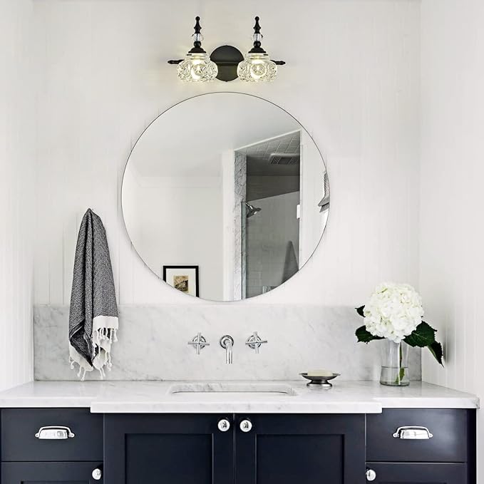 Bathroom Vanity Light Fixtures, 2-Light Vintage Crystal Wall Lights, Painted Black Surface, Thick Crystal Glass Shade, Vintage Wall Sconce for Bathroom, Bedroom, Living Room