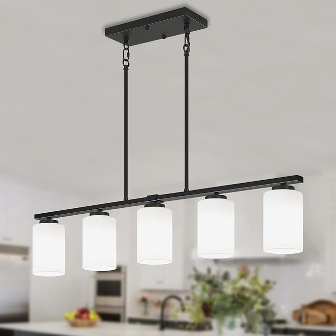 Modern Island Lights for Kitchen 5-Light Black Dining Room Light Fixtures Over Table Glass Penadnt Lights Adjustable Hanging Kitchen Island Lighting Linear Farmhouse Chandelier Over Island