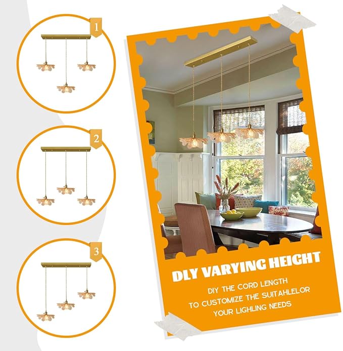 Chandelier 3-Light Vintage Glass Ceiling Pendant Light Gold Linear Design Amber Glass Dining Room Light Fixtures Modern Chandelier for Kitchen Island Over Table