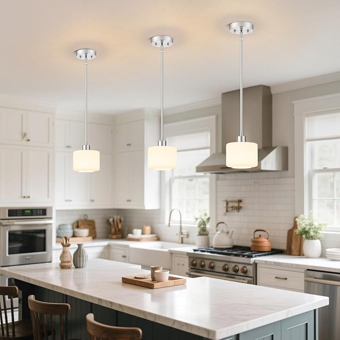 Milk Glass Pendant Lights Kitchen Island 2 Pack, Modern Brushed Nickel Hanging Light Fixtures with Rods, Mini Kitchen Pendant Lighting Over Island for Sink Bathroom, OS-YQ8153-2PBN