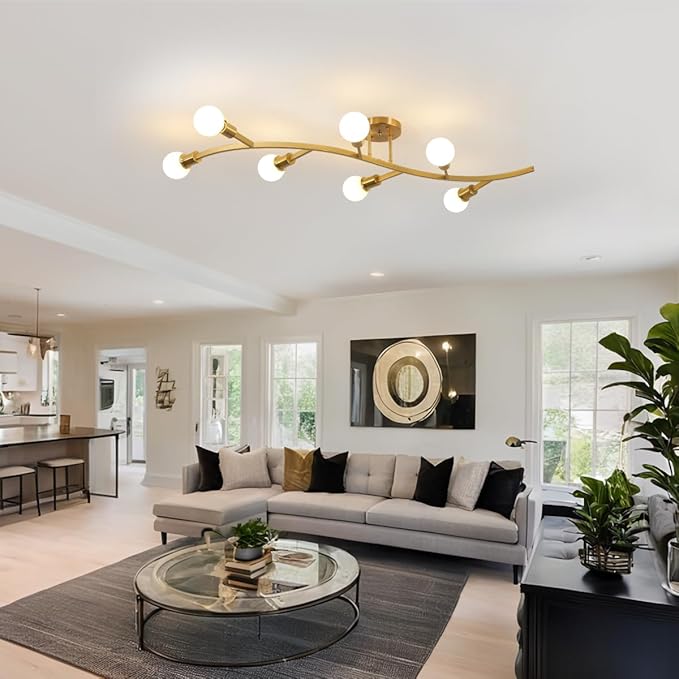 Gold Modern Sputnik Semi Flush Mount Ceiling Light Fixture 7-Lights,Mid Centur Minimalist Sputnik Chandelier for Living Room,Dining Room,Bedroom,Kitchen,Hallway(Bulbs Not Included)