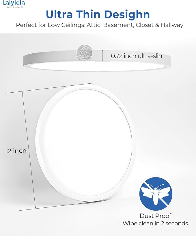 2-Pack 12 Inch Dimmable LED Flush Mount Ceiling Light – 24W 2640LM Ultra Slim 0.72", 5CCT (2700K-6500K), Easy DIY Installation Fixtures for Bedroom, Kitchen, Hallway, Laundry Room, White