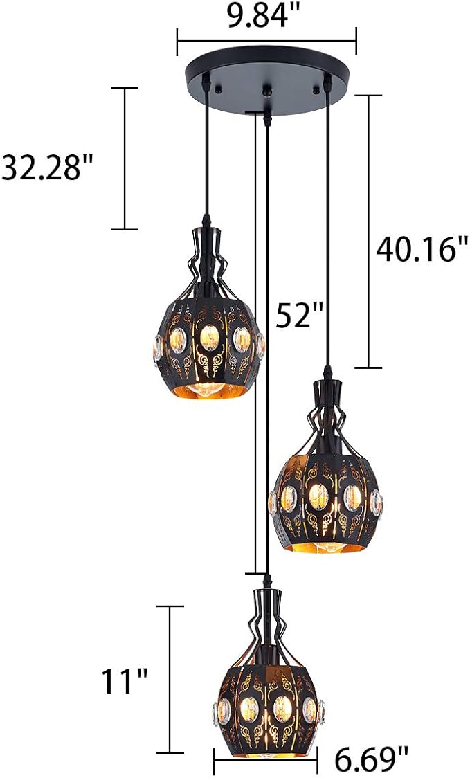 YLONG-ZS 3-Light Industrial Pendant Lighting Vintage Hanging Ceiling Light Fixtures,Farmhouse Rustic Lantern Pendant Light Hanging Lamps for Dining Room,Living Room, Hotel