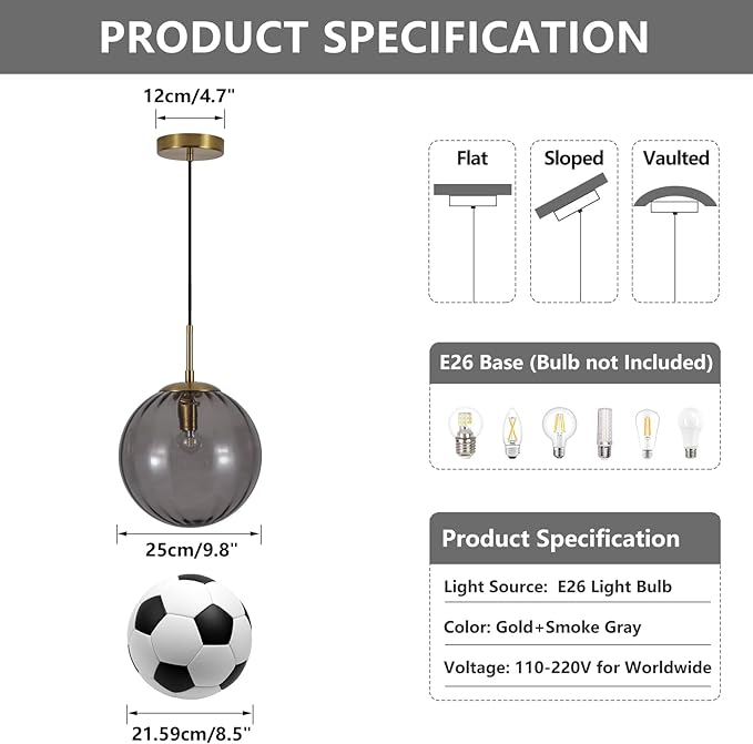 KCO Lighting Modern Large Globe Pendant Light Fixture Mid Century Smoke Grey Glass Pendant Light Vintage Hanging Lights Single Gold Globe Chandelier Kitchen Island Lighting (Smoke Gray-9.8”)