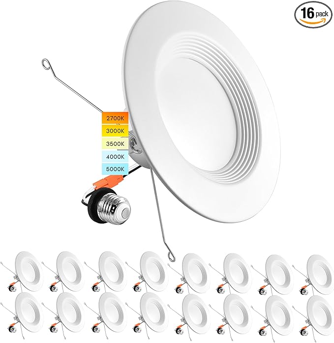 LUXRITE 5/6 Inch LED Recessed Retrofit Downlight, 14W=90W, CCT Color Selectable 2700K | 3000K | 3500K | 4000K | 5000K, Dimmable Can Light, 1100 Lumens, Wet Rated, Energy Star, Baffle Trim (16 Pack)