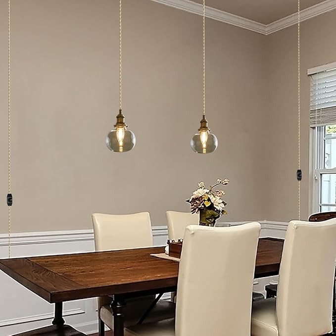 Plug in Glass Pendant Light with Dimmable Switch 4.72" Vintage Hanging Pendant Light Fixtures for Bedside Dining Room Foyer, Brass