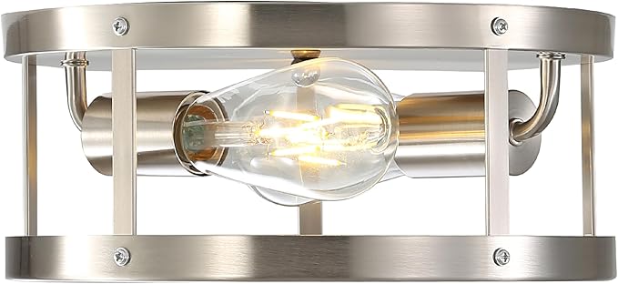 Farmhouse Semi Flush Mount Ceiling Light, Brushed Nickel 11 inch 2-Light Metal Cage Light Fixture Ceiling Mount, Industrial Closed to Ceiling Mount Lamp, Bulb Not Included