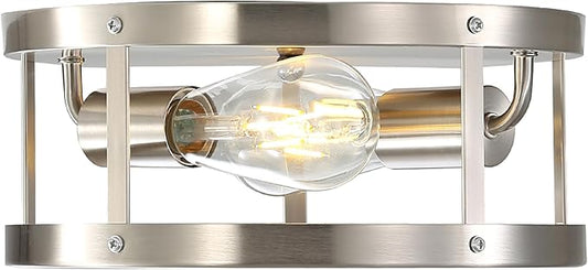 Farmhouse Semi Flush Mount Ceiling Light, Brushed Nickel 11 inch 2-Light Metal Cage Light Fixture Ceiling Mount, Industrial Closed to Ceiling Mount Lamp, Bulb Not Included