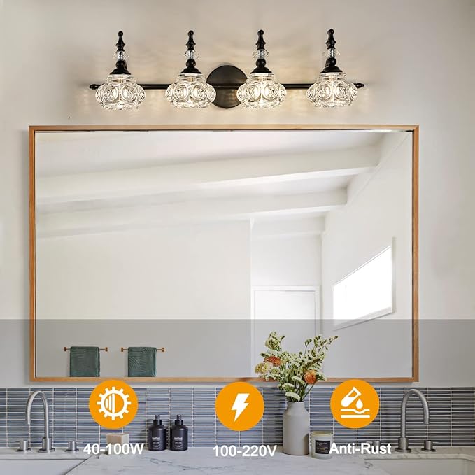 Vanity Light Fixture 4 Lights Bathroom Lighting Painted Black Surface with Thick Crystal Glass Shade, Vintage Vanity Light for Bathroom