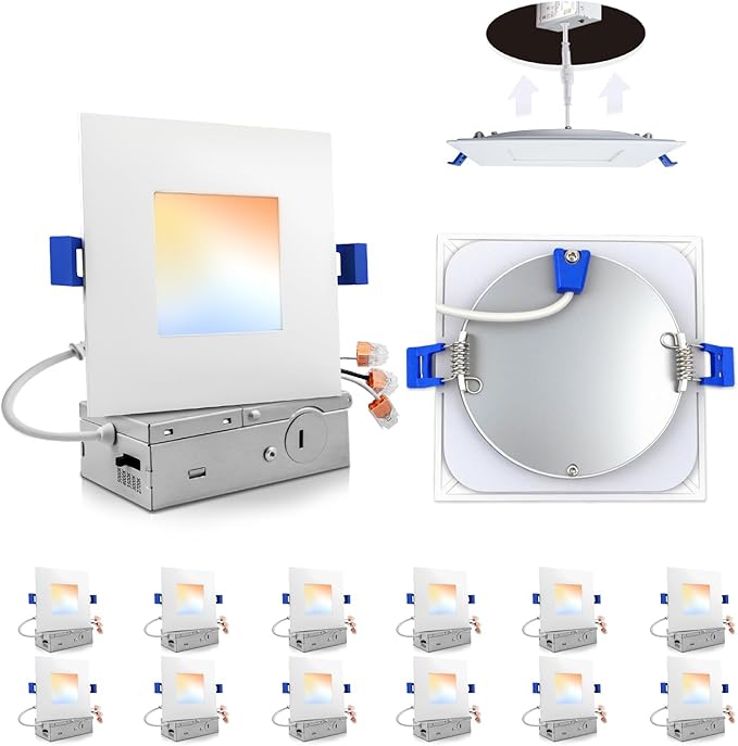 Adetu 12 Pack 4 inch Square Led Recessed Lighting, 5CCT Ultra Thin Square Led Ceiling Light with Junction Box, 10W 860LM, CRI90, 2700K-5000K Selectable, Dimmable Canless Downlight, ETL and Energy Star