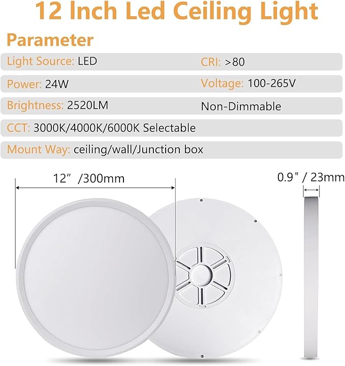 12PK 12 Inch LED Flush Mount Super Slim Ceiling Light, 24W, 2520LM, 3000K/4000K/6000K CCT Selectable, Close to Ceiling Round Flat Panel Light for Hallway, Bedroom, Kitchen
